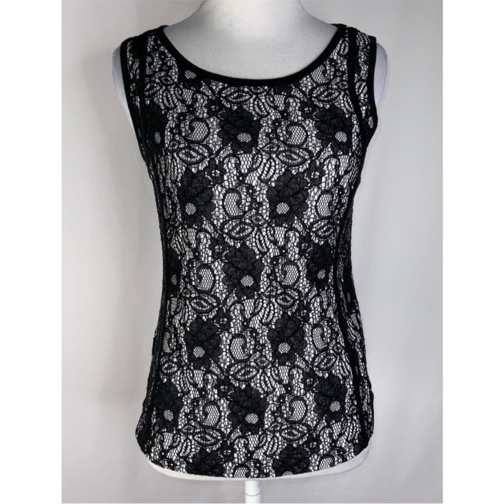 NWOT Ann Taylor Sleeveless Black Lace Overlat On White Top.